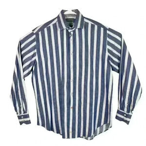 Thomas Dean TD Long Sleeve Cotton Blue White Striped Flip Cuff‎ Shirt Large